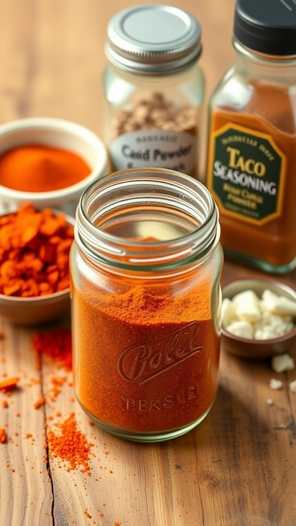 A jar of homemade taco seasoning mix with chili powder, cumin, and garlic powder on a wooden table.